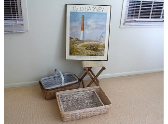 Old Barney Light House Poster Along With Four Baskets & A Folding Stool