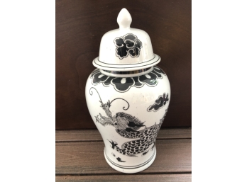 Large Dragon Motif Black & White Ceramic Ginger Jar Vase