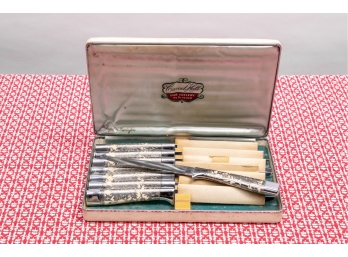 Set Of Eight Carver Hall Steak Knives With Silver Overlay In Presentation Box