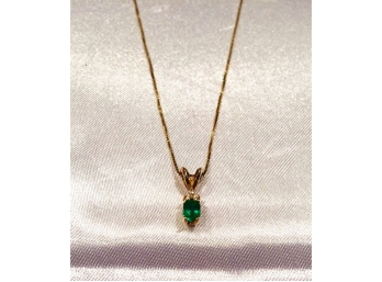 14K Gold Box Chain Necklace With Emerald & Diamond Pendant
