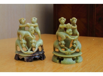 Two Carved Monkey Soapstone Sculptures