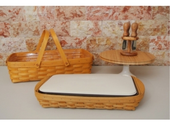 Two Slatted Serving Baskets And A Porcelain And Wood Cake Stand