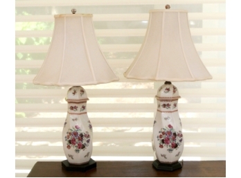 Pair Floral And White Porcelain Tall Lidded Jars