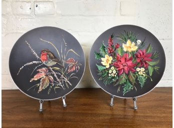 Pair Of Hand Painted Floral Plates, Signed
