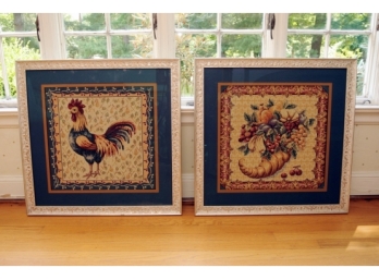 Pair Custom Framed French Tapestries - One A Rooster, One A Cornucopia