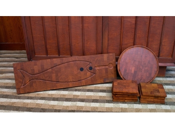 Digsme, Denmark Wood Tray Along With Carved Wood Fish Tray & Tiles