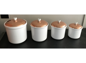 White Canister Set Of Four With Copper Colored Lids