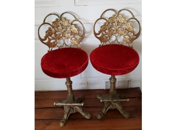 Pair Of Unusual Antique Heavy Cast Metal Parlor Or Soda Shop Swivel  Chairs