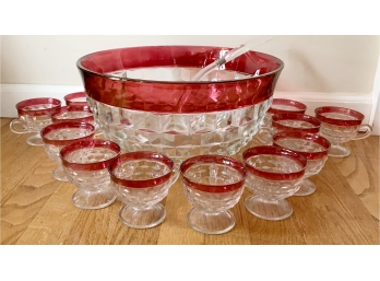 Large Cranberry Cut To Clear Punch Bowl And Twelve Cuos