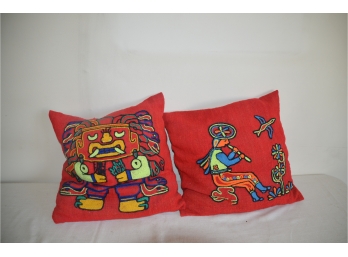 (#147) Needle Point Decorative Red Aztec Pair Pillows