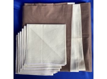 Elegant & High Quality Brown Linen Tablecloth With Creme Border & Matching Cream Linen Napkins