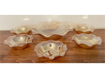 Pretty Fluted Edge Amber Glass Serving Dish With (5) Bowls