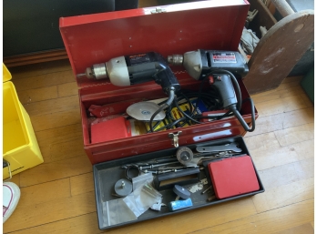 Red Toolbox With Two Drills And Assortment Of Other Items