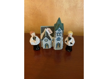Lighted Church And Blonde And Red Haired Altar Boy Figures