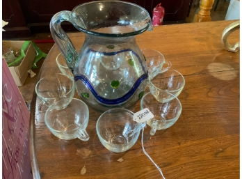 Glass Pitcher With Blue And Green Accents And 8 Clear Glass Cups