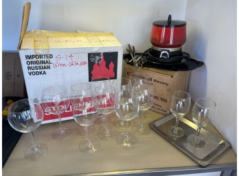Lot Of Wine Glasses And Vintage Fondue Set
