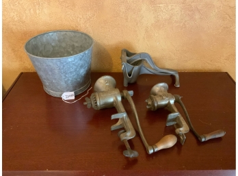 Metal Bucket With Two Vintage Hand Crank Meat Grinders And Wear Ever Hand Juicer
