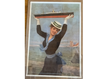 Vintage Woman In Blue Dress Holding Naval Ship Poster