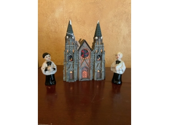 Lighted Church With Blonde And Black Haired Altar Boy Figures