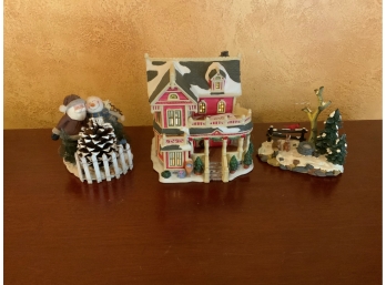 Lighted Red House With Santa/Snowman Pinecone Figure And Woodland Creatures Figure