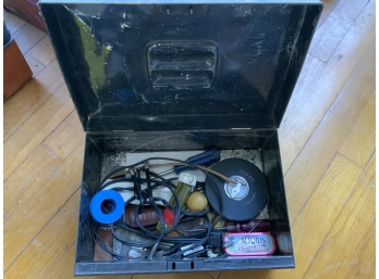 Locking Black Metal Box With Random Tools And Accessories