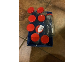 Blue Bin With Set Of 9 Glass Milk Bottles With Red Lids