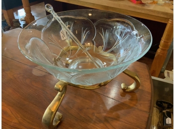Stunning Flower Punch Bowl With Gold Stand And Oversized Glass Swizzle Stick