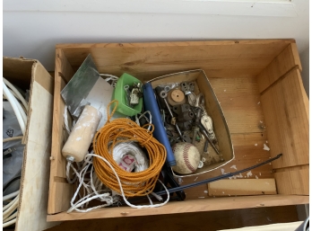 Lot Of Random Hardware And Other Items In Wooden Box