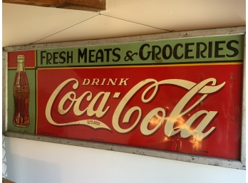 Incredible Tin Coca Cola Sign Framed In Wood