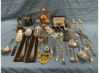 Assorted Silverplate, Pewter, Brass, And Other Mixed Silver Pieces
