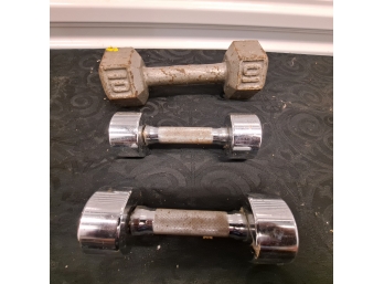 Set Of Two - 4 Pound Dumbells AND One 10 Pound Dumbell