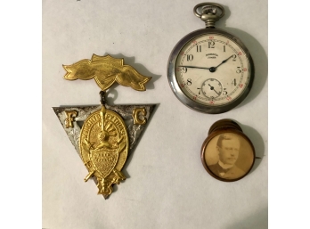 Lot Of 3 ~ Ingersoll Junior Pocket Watch, Knights Of Pythias Pin, Photo Pin In Sepia