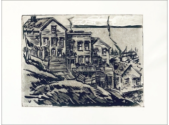Orig. 1930s Harbor & Weathered Hillside Houses Etching