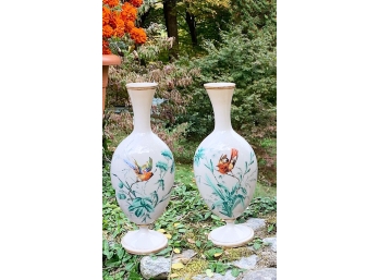 Pair Bristol Glass Vases, Hand Painted, Birds, Flowers/Berries