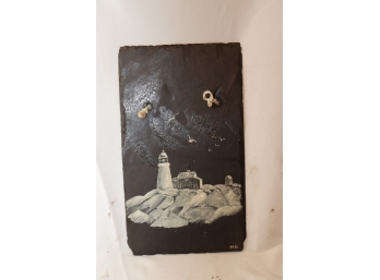 188 Year Old Slate Tile Nova Scotia Lighthouse Nautical Art Hand Painted Signed M. Bain 1974