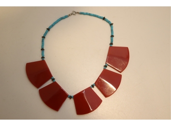 Vuintage Turquoise Beaded Necklace With Large Reddish Chunky Pieces. (MF-4)