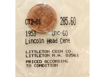 1953 Lincoln Head Wheat Penny Unc-60 *sealed* Littleton Coin Co.