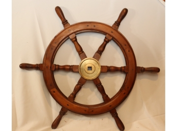 Vintage NAUTICAL 36' WOODEN SHIP STEERING WHEEL PIRATE DECOR WOOD BRASS WALL BOAT STYLE