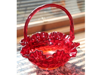 Vintage Red Art Glass Bowl With Handle