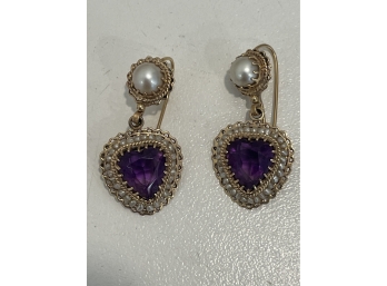 14k Gold Pearl & Purple Amethyst Heart Earrings