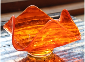 Vintage Orange & Clear Art Glass Folded Bowl