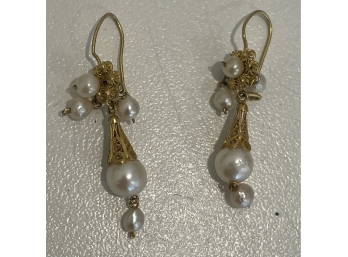 14k Gold And Pearl Cone Chandelier Earrings