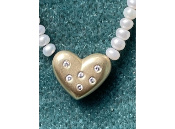 Vintage 14k Gold Heart With Diamonds  Pearl Necklace