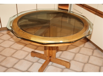 Vintage Wood And Glass Kitchen Table With Octagon Glass On Top
