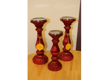 Set Of 3 Red Candle Sticks