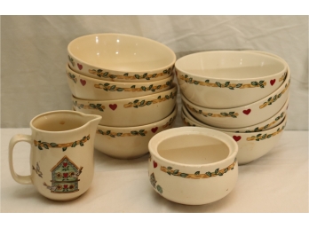 Thomson Pottery 6' Cereal Or Soup Bowls Birdhouse - Set Of 8 China Dish Heart  Creamer And Sugar Bowl (no Top