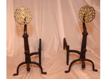 Vintage Wrought Iron And Brass Asian Flower Andirons