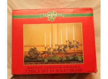 SOLID BRASS REINDEER CANDLE STICKS AND SLEIG