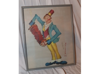 Framed Red Skeleton Clown Art Signed 1972