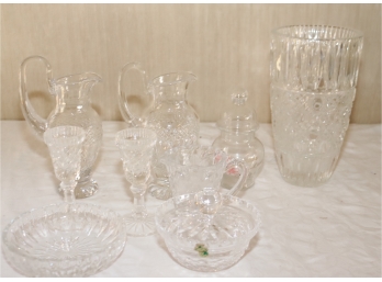 Assorted Mixed Glass Crystal Lot Candlesticks Pitcher Glasses